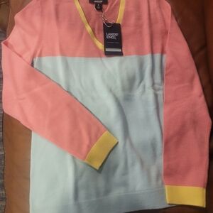 Lands' End Women's V-Neck Sweater - Pink, Light Blue, Yellow